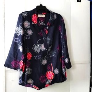 Jacqui.E navy blue floral blouse top career casual travel size 16, linen 100%